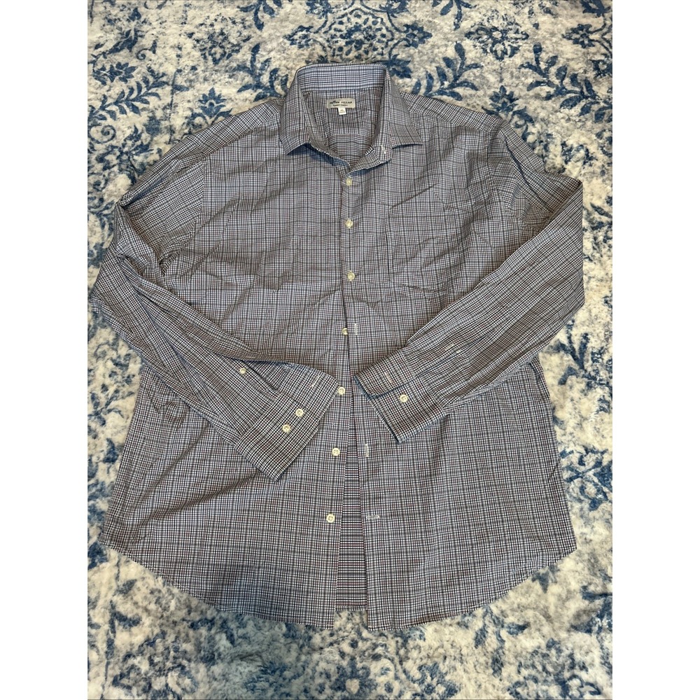 Peter Millar Men's XL White Plaid Long Sleeve Button Up Nylon/Spandex